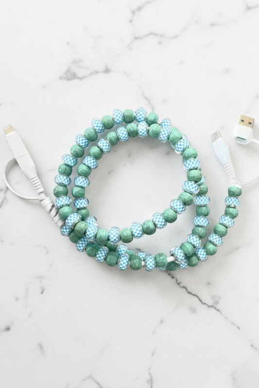 Blue Gingham and Green Beaded Cord Charger