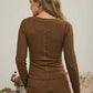 FITTED LONG SLEEVE RIBBED HENLEY KNIT TOP