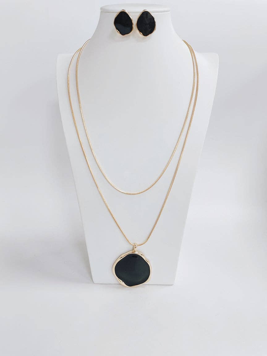 Gold Thin Layered Chain with Black Circle Accent 32" Necklace