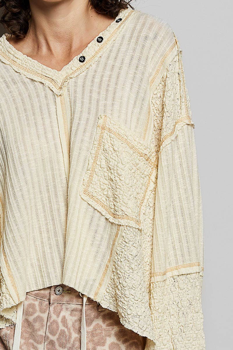 V-neck stitch detail Balloon Long Sleeve Crop Top