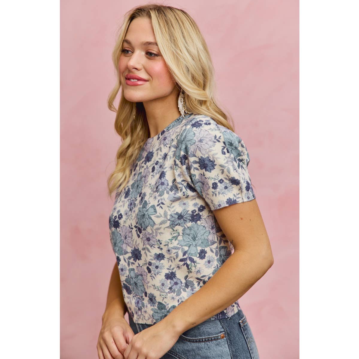 FLORAL PRINT SHORT SLEEVES SWEATER KNIT TOP