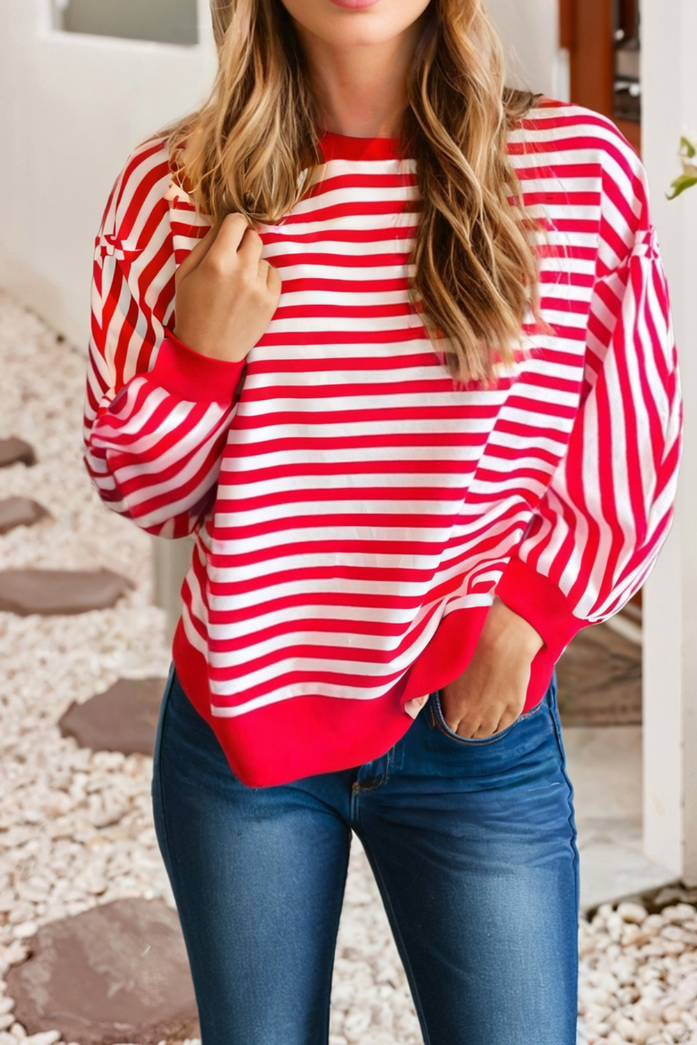 LDC Strpied Exposed Seam Drop Shoulder Long Sleeve Top