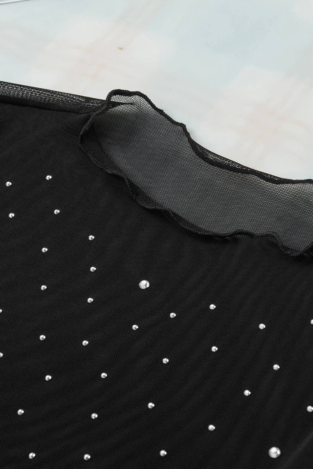 The Midnight Muse Black Rhinestone Sheer Mesh Slim Fit Long Sleeve Top