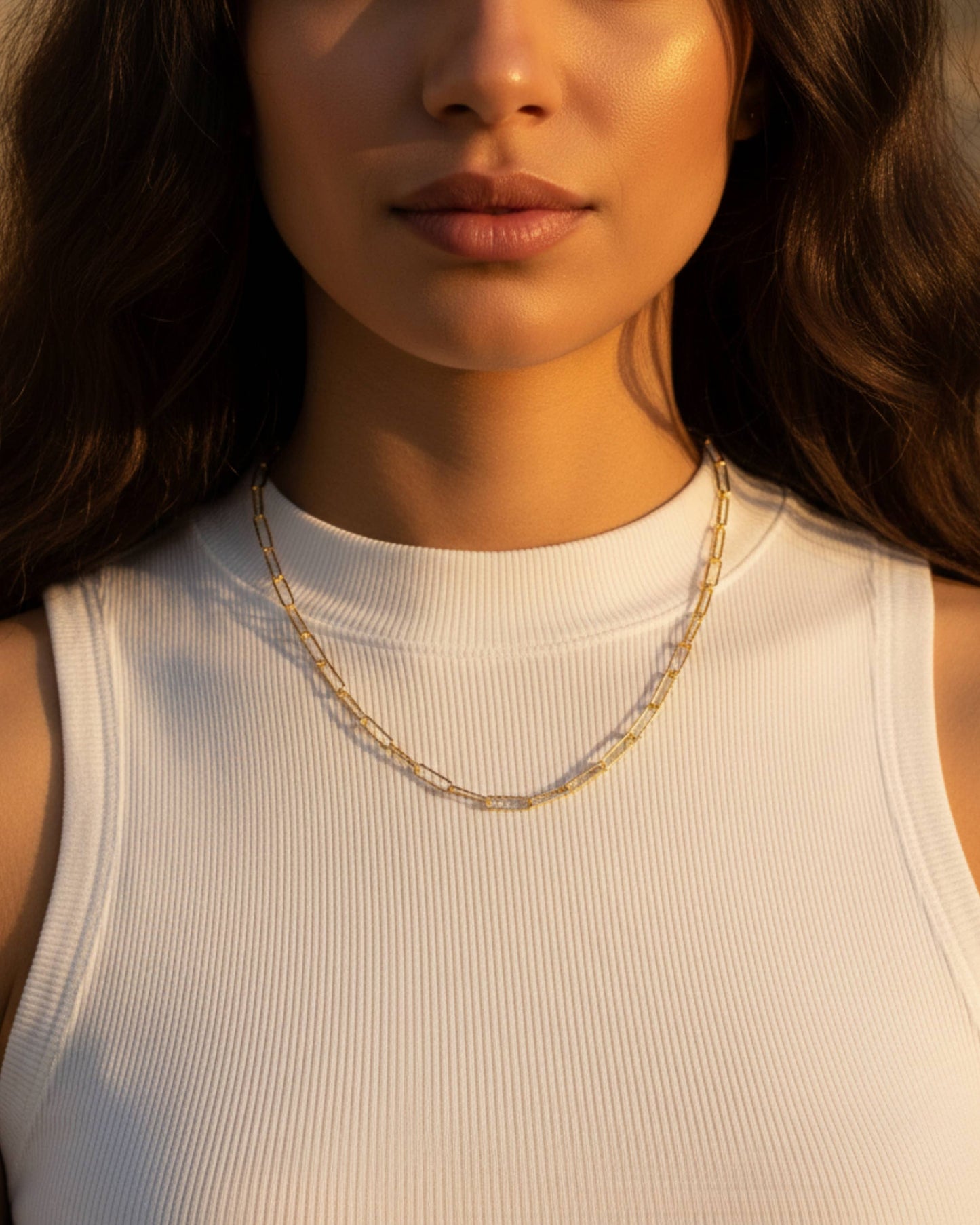Tarnish Resistant Gold Plated Textured Paperclip Necklace