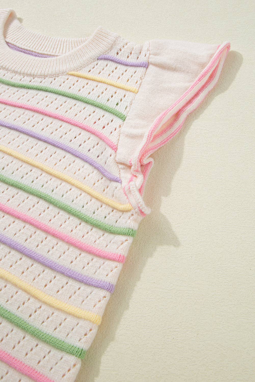 The Lila Oatmeal Colorful Striped Eyelet Knit Ruffled Sleeve Sweater T Shirt