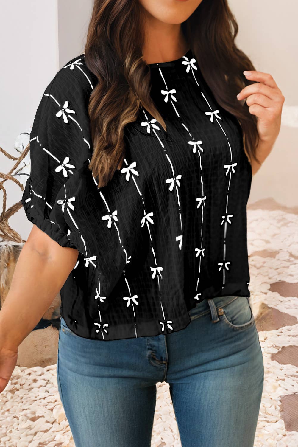 Bow Print Puff Short Sleeve Top