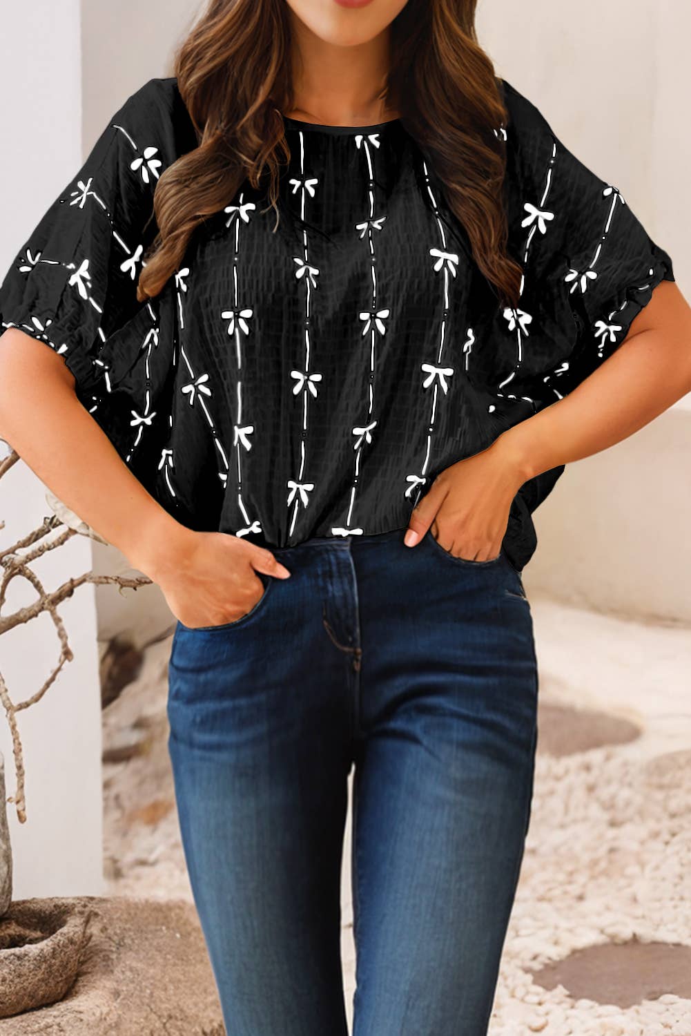 Bow Print Puff Short Sleeve Top