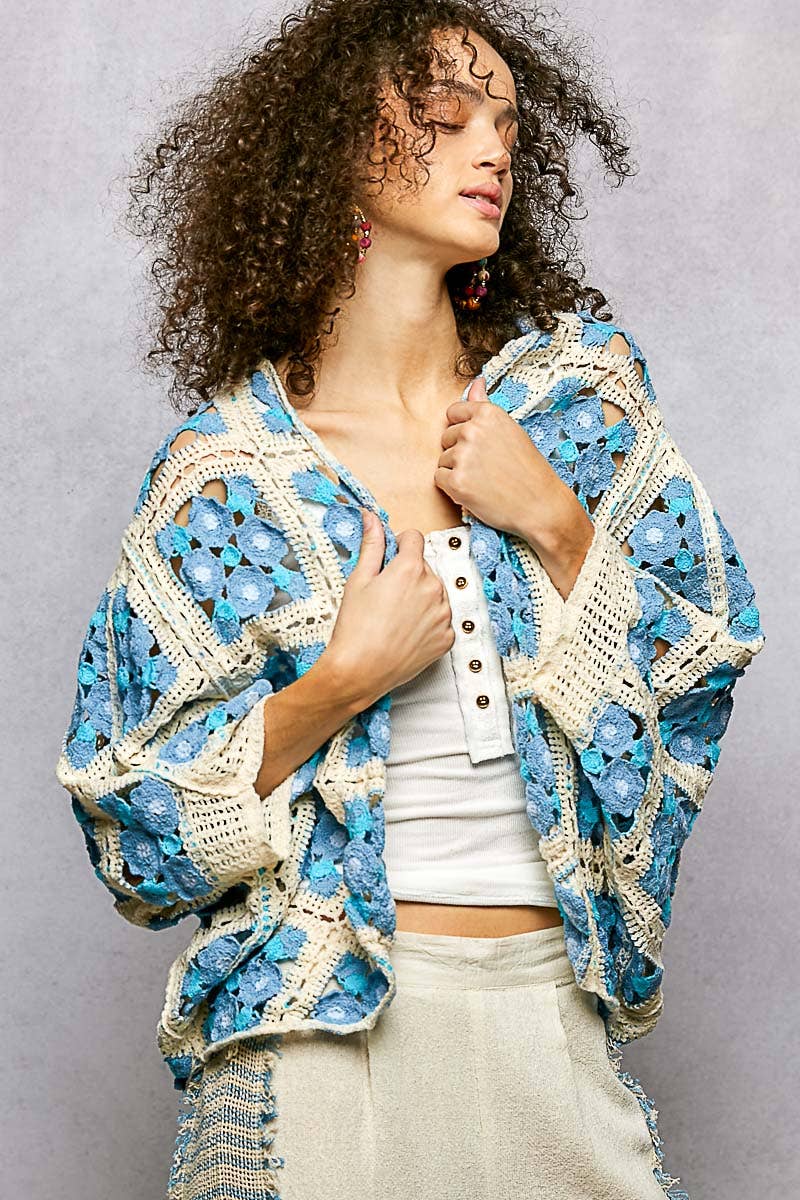 Dolman Sleeve Varied Pattern Crochet Open Cardigan