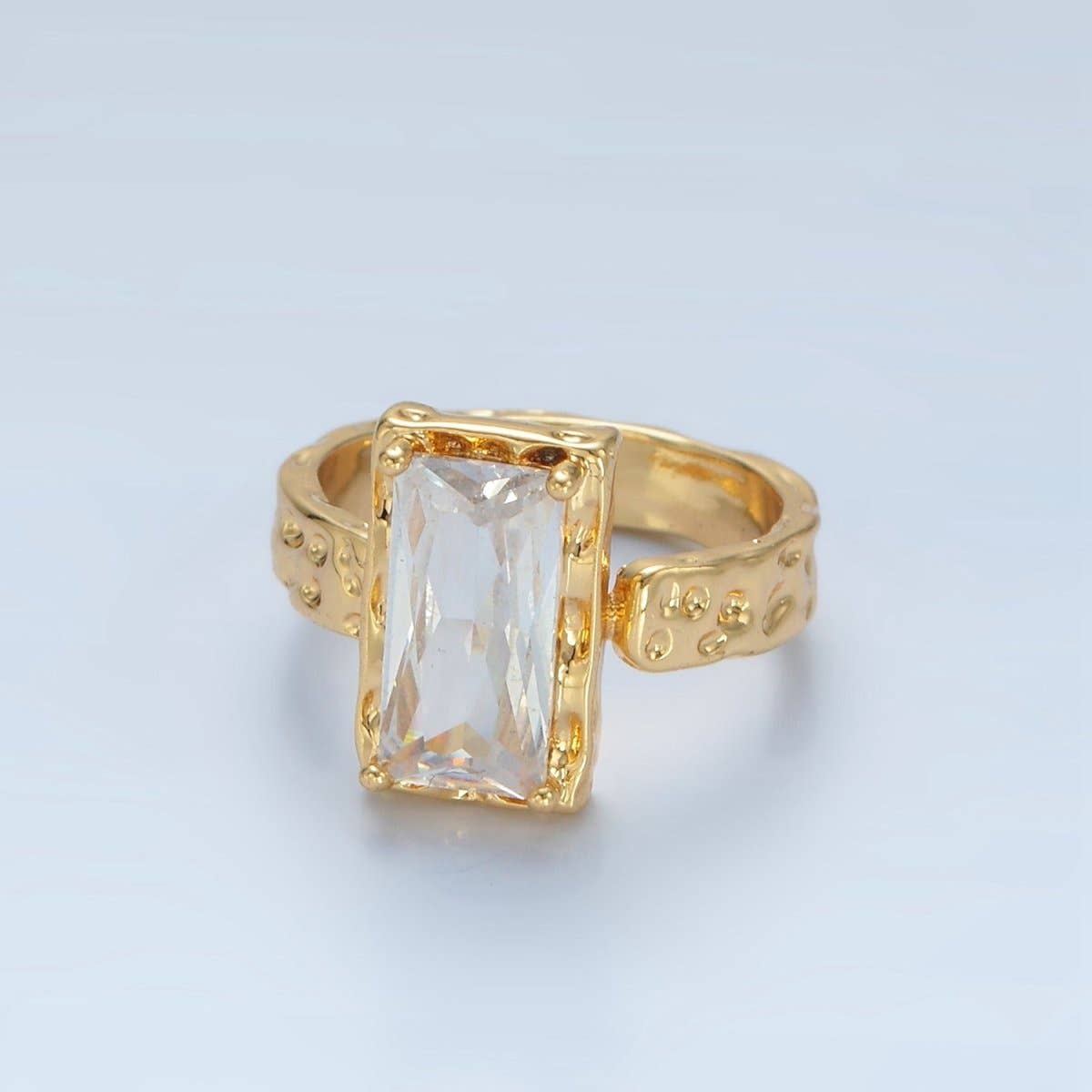 24K Gold Filled Clear CZ Baguette Hammered Wrap Band Ring