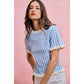 GINGHAM KNIT RUFFLED SHORT SLEEVES SWEATER TOP