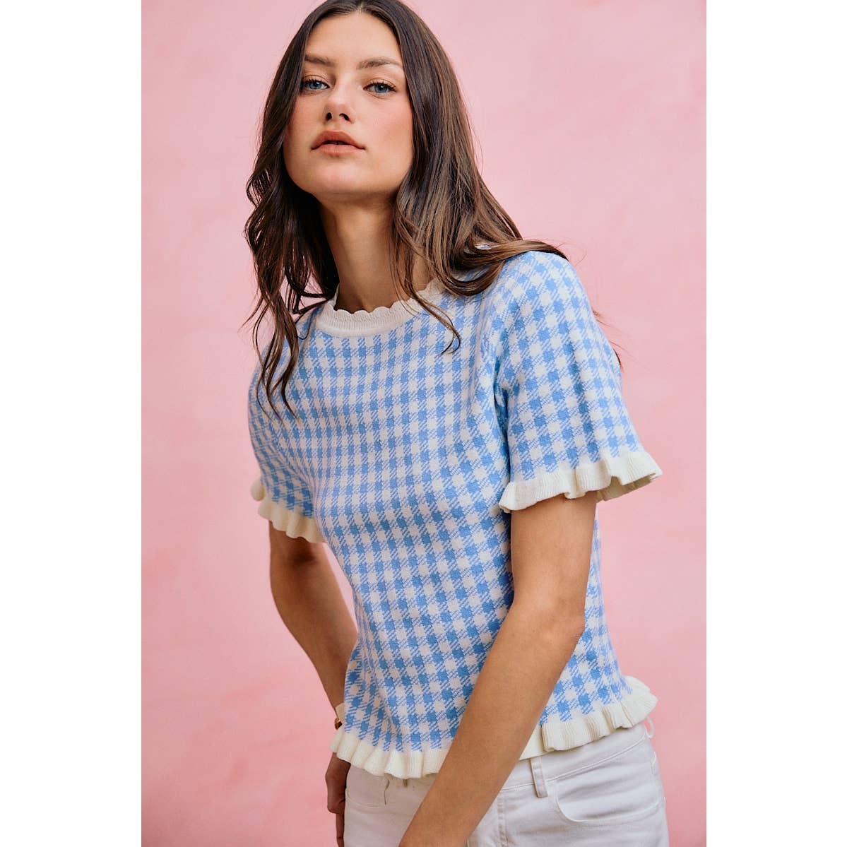 GINGHAM KNIT RUFFLED SHORT SLEEVES SWEATER TOP