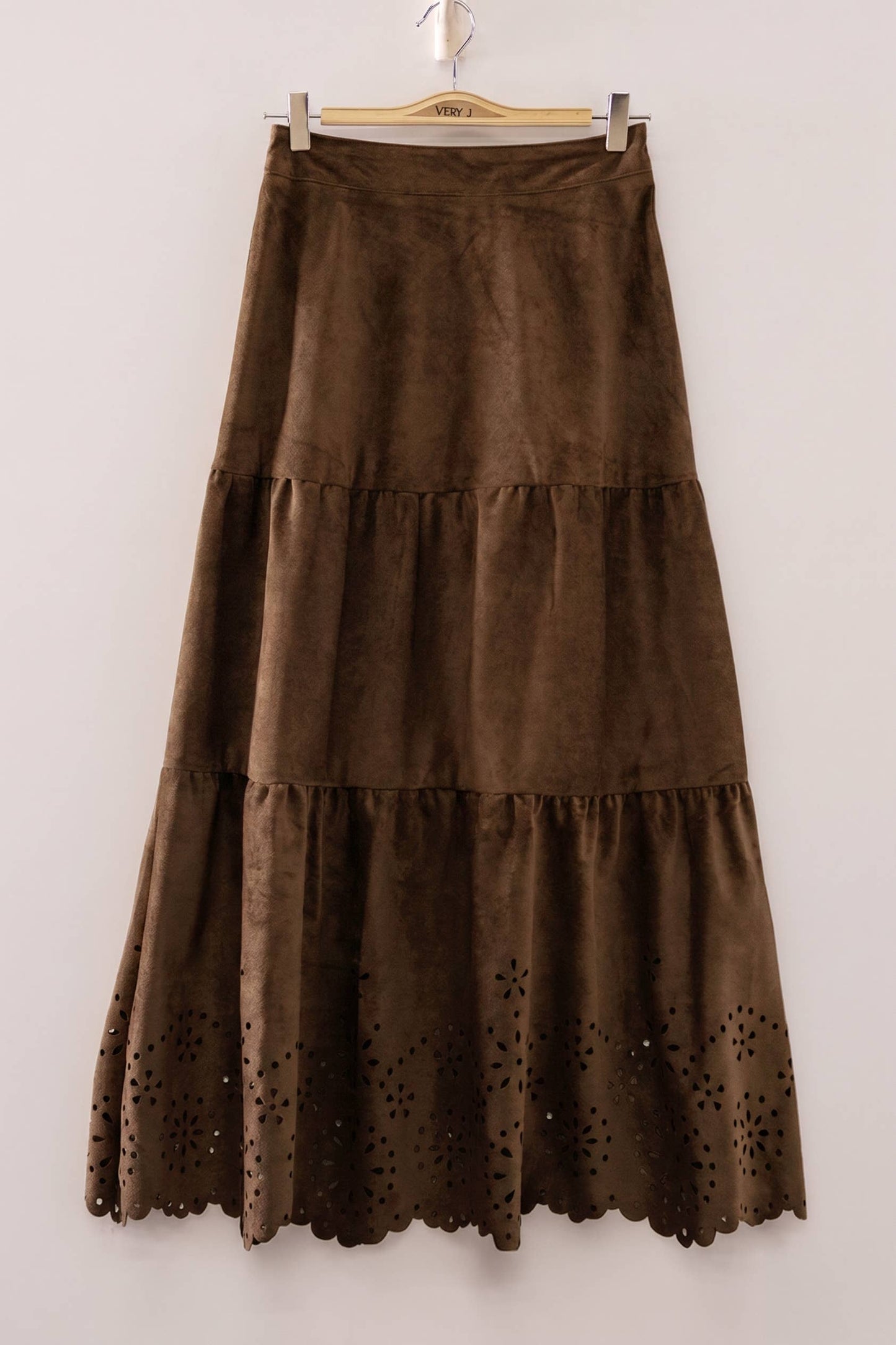 Faux Suede Tiered Midi Skirt