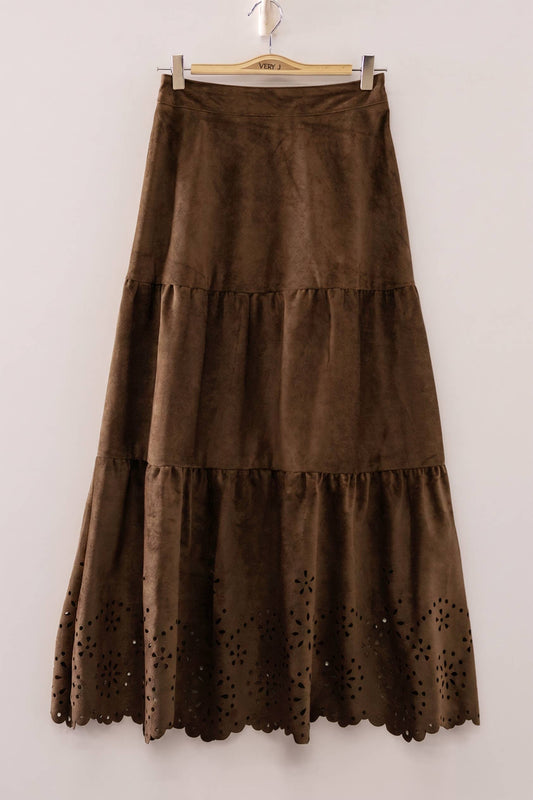 Faux Suede Tiered Midi Skirt