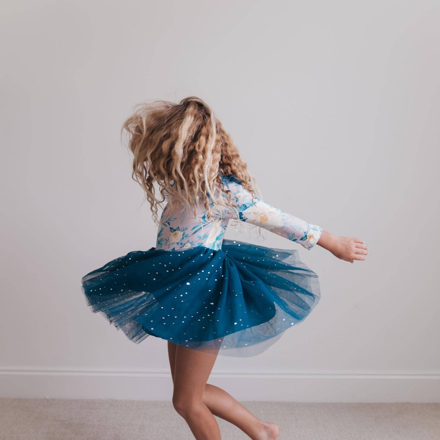 Kids Teal Blue Winter Floral Print Sparkle Tulle Dress