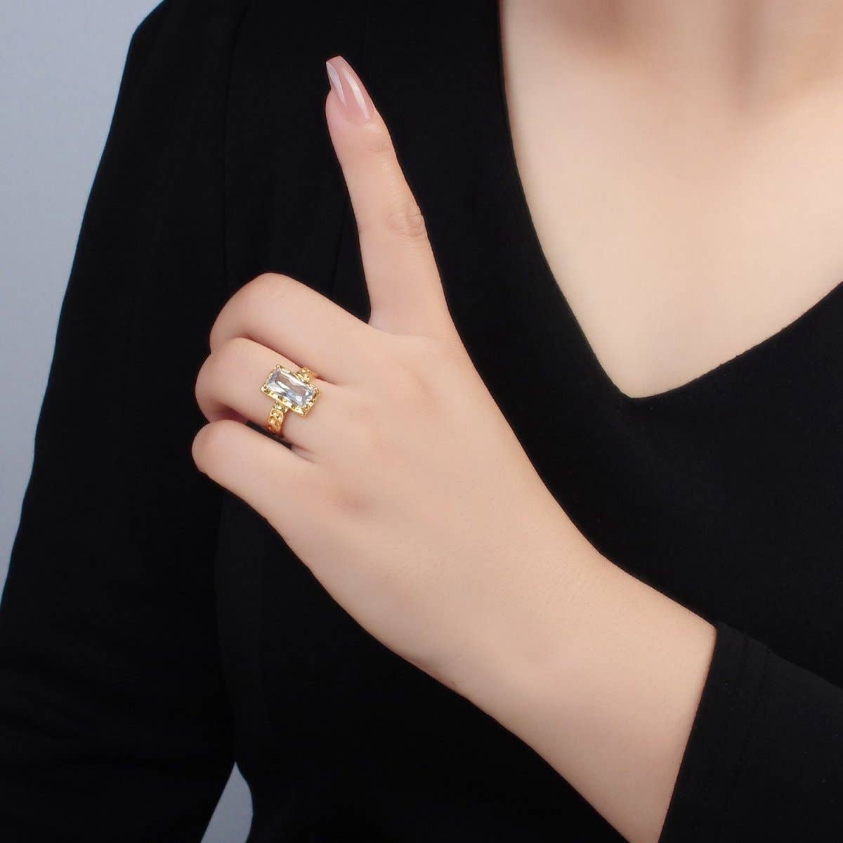 24K Gold Filled Clear CZ Baguette Hammered Wrap Band Ring