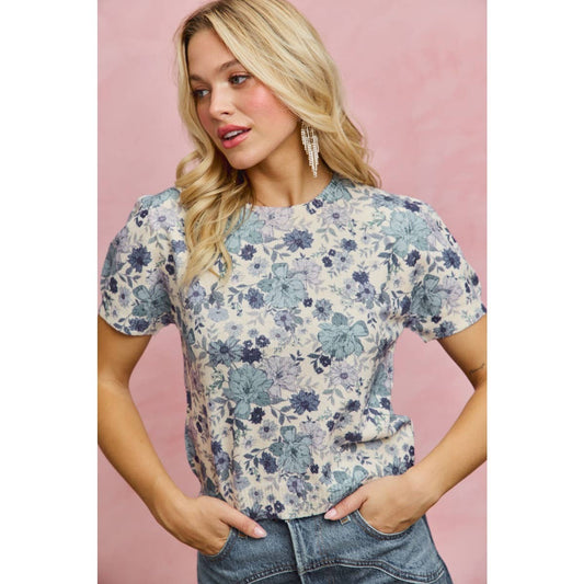 FLORAL PRINT SHORT SLEEVES SWEATER KNIT TOP