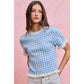 GINGHAM KNIT RUFFLED SHORT SLEEVES SWEATER TOP