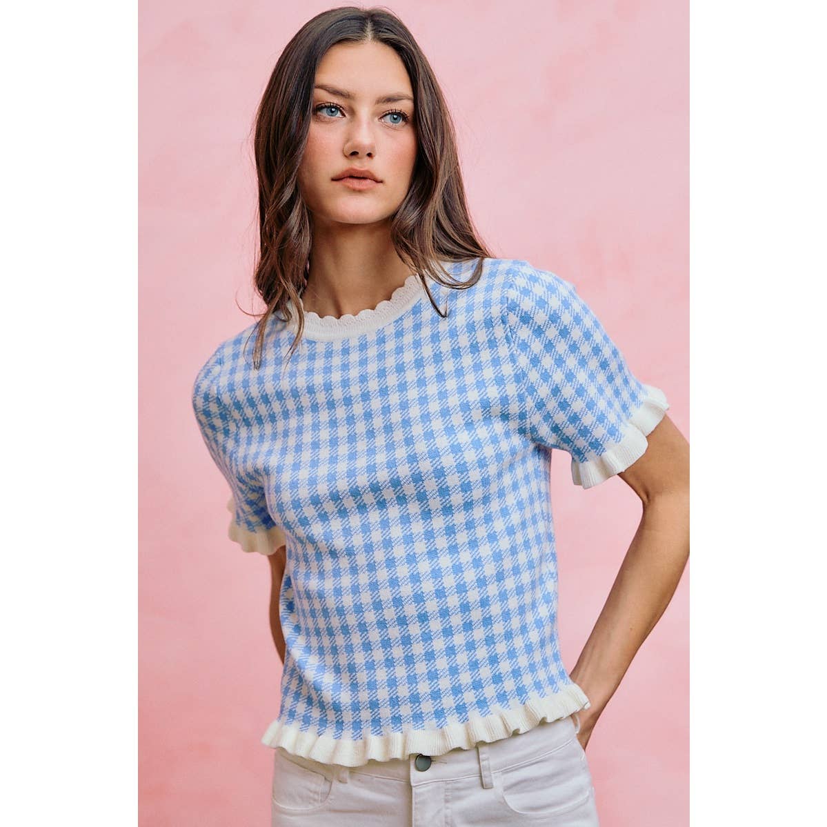 GINGHAM KNIT RUFFLED SHORT SLEEVES SWEATER TOP