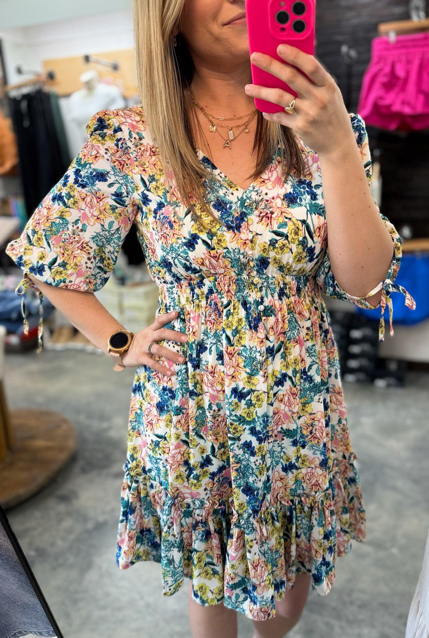 Floral V Neck High Waist Ruffled Dress