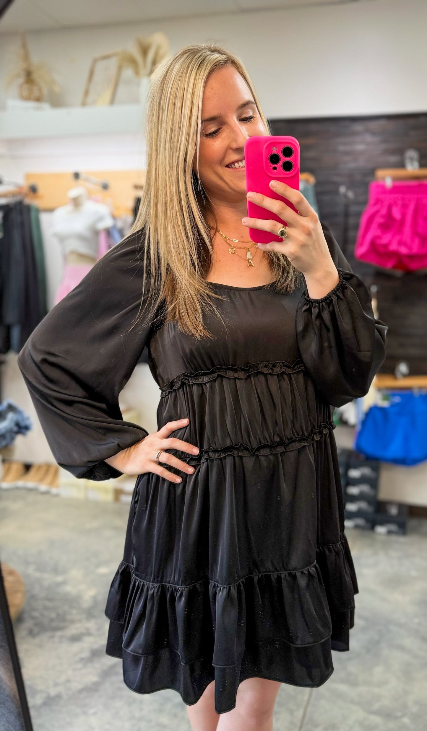 Tiered Ruffled Puff Sleeve Loose Fit Mini Dress