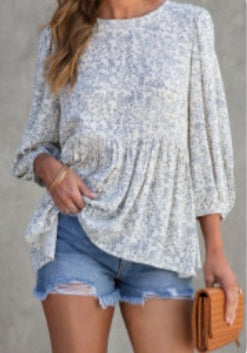 Blue & White Quarter Sleeve Babydoll Top