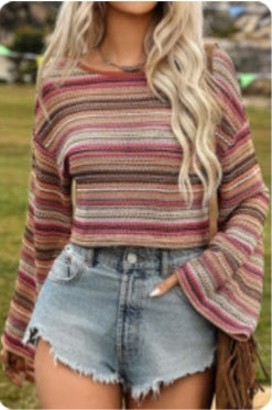 Striped Bell Sleeve Boho Top