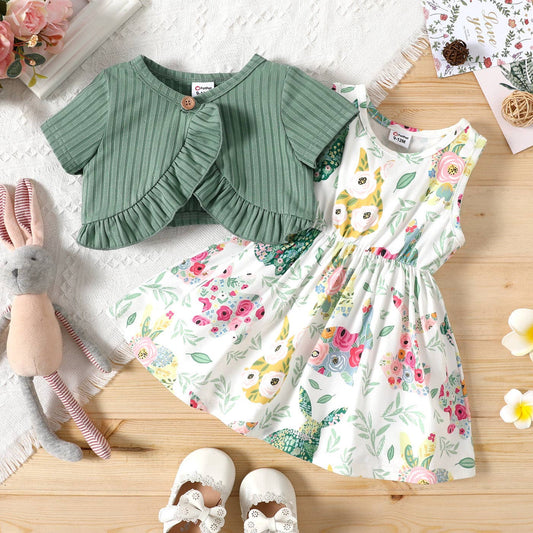 2pcs Baby Girl Solid Ribbed Short-sleeve Ruffle Top & Dress