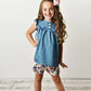 Kids Jean Floral Ruffle Button Summer Two Piece Set