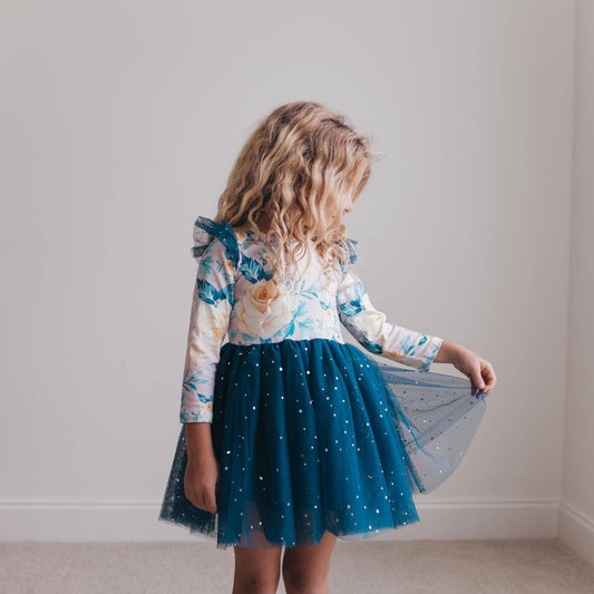 Kids Teal Blue Winter Floral Print Sparkle Tulle Dress