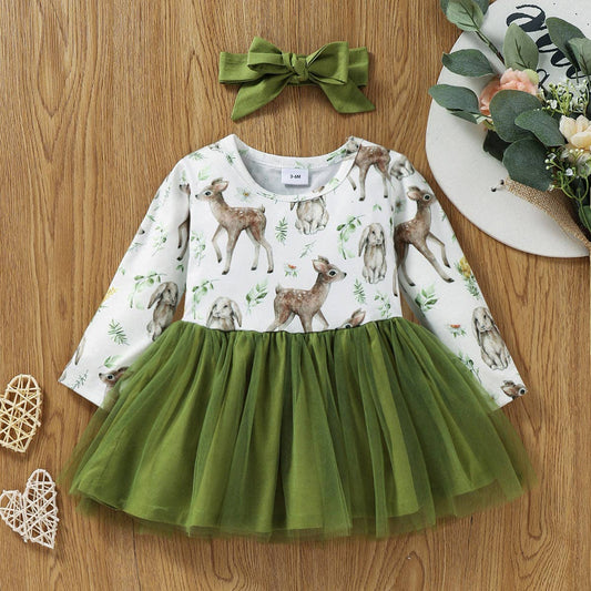 2pcs Baby All Over   Long sleeve Splicing Mesh Dress Set