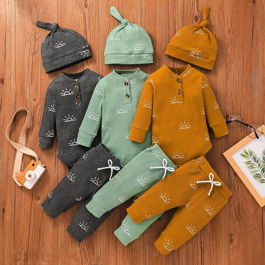 3-piece Baby Boy Sun Romper Pants Cap Set