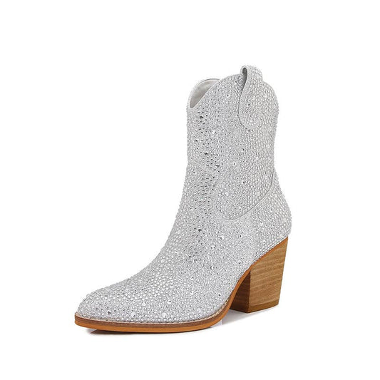 Rhinestone Block Heel Western Booties